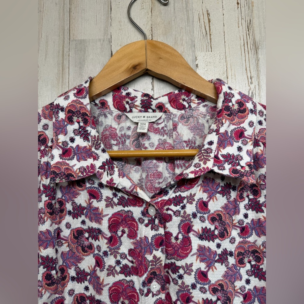 Lucky Brand Womens Pink Floral Paisley Short Sleeve Button Down Shirt Size M - Picture 4 of 6